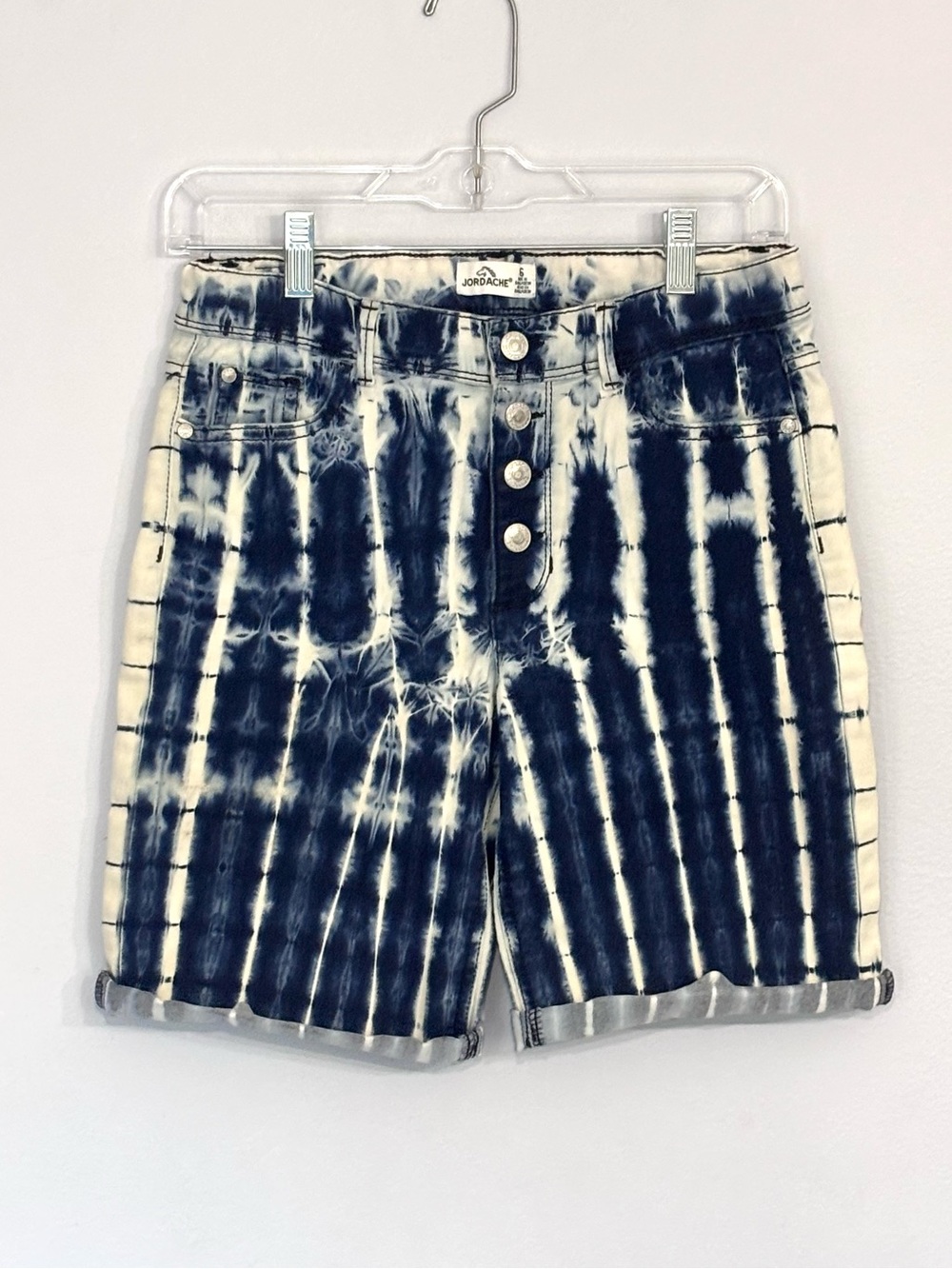 Jordache Navy Blue White Tie-Dye Striped 4 Snap Fly Denim Shorts Girls Size 16